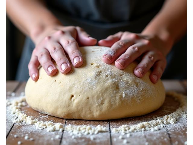 Hands expertly shaping a sourdough loaf on a floured wooden surface, showing the artisan craft.
