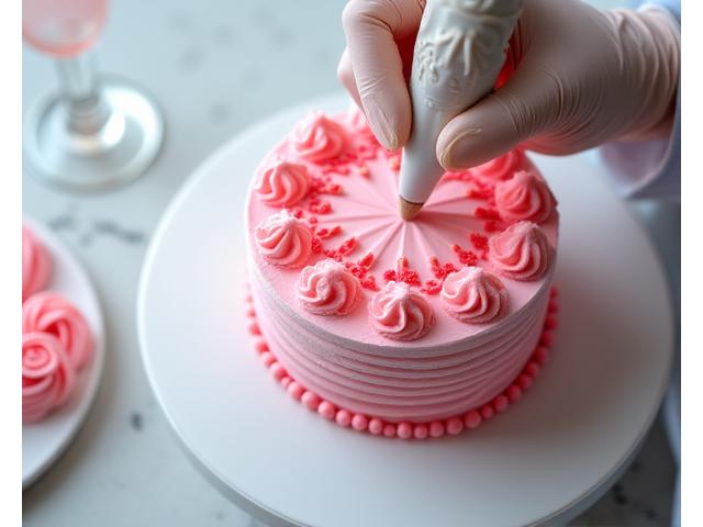 A pastry chef's hands delicately decorating a multi-layered cake with intricate piping, showcasing attention to detail.