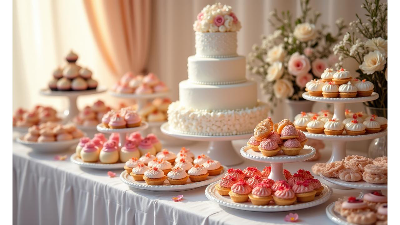 A stunning wedding dessert table with a tiered cake, macarons, and artisanal pastries, set against a backdrop of elegant decor.