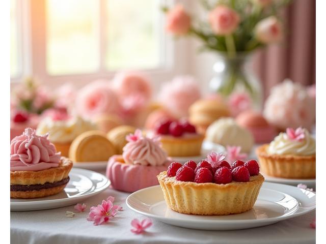 A lavish wedding dessert table featuring mini tarts, macarons, and profiteroles, beautifully arranged.