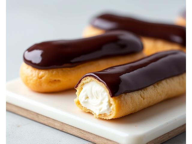 Perfectly glazed chocolate eclairs presented on a white serving plate, with visible cream filling.