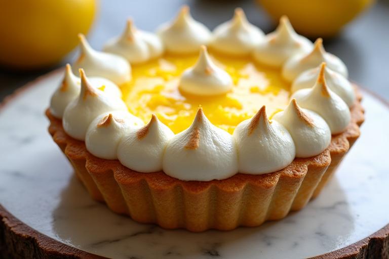 Close-up of a meticulously crafted lemon meringue tart with perfectly torched peaks, glistening with zest.