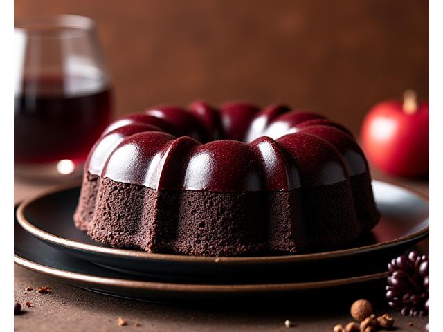 A rich, dark chocolate and mulled wine cake, with a glossy glaze and hints of festive spices.