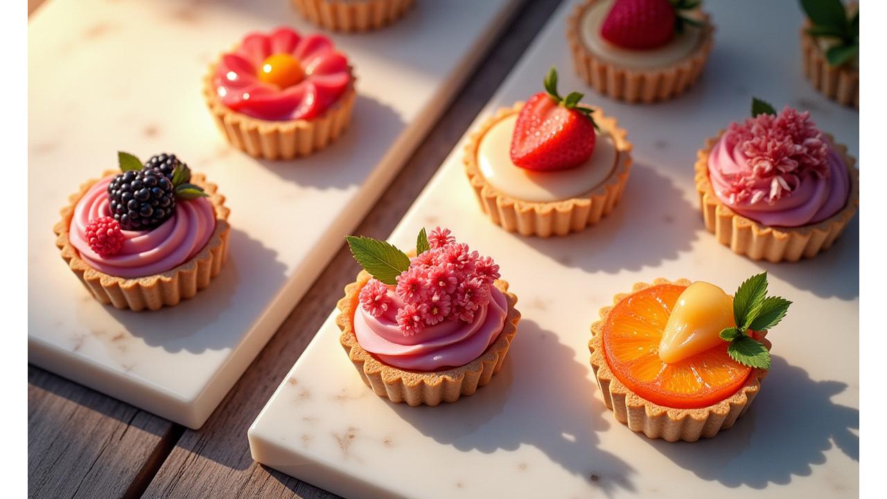 A beautifully arranged display of mini seasonal fruit tarts and delicate floral pastries, lit with warm, inviting light.