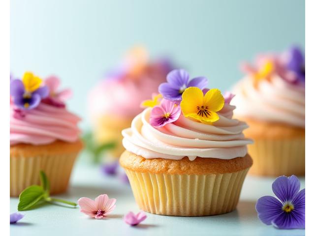 Delicate cupcakes decorated with edible flowers and pastel-colored frosting, arranged beautifully.