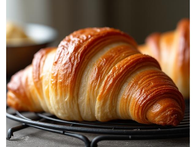 Golden, flaky vegan croissant on a cooling rack, showing its defined layers.